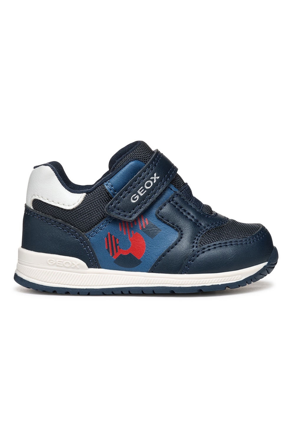 Geox, Pantofi sport din piele ecologica cu insertii din material textil, Rosu, Bleumarin, 18 EU