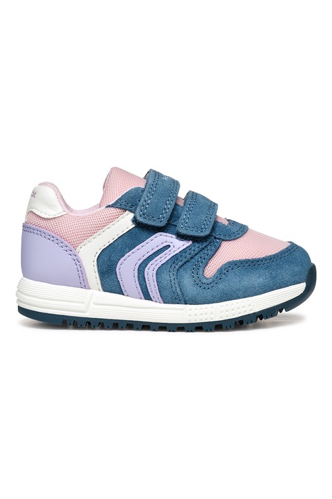 Geox, Pantofi sport cu velcro si detalii din piele intoarsa, Albastru inchis/Roz