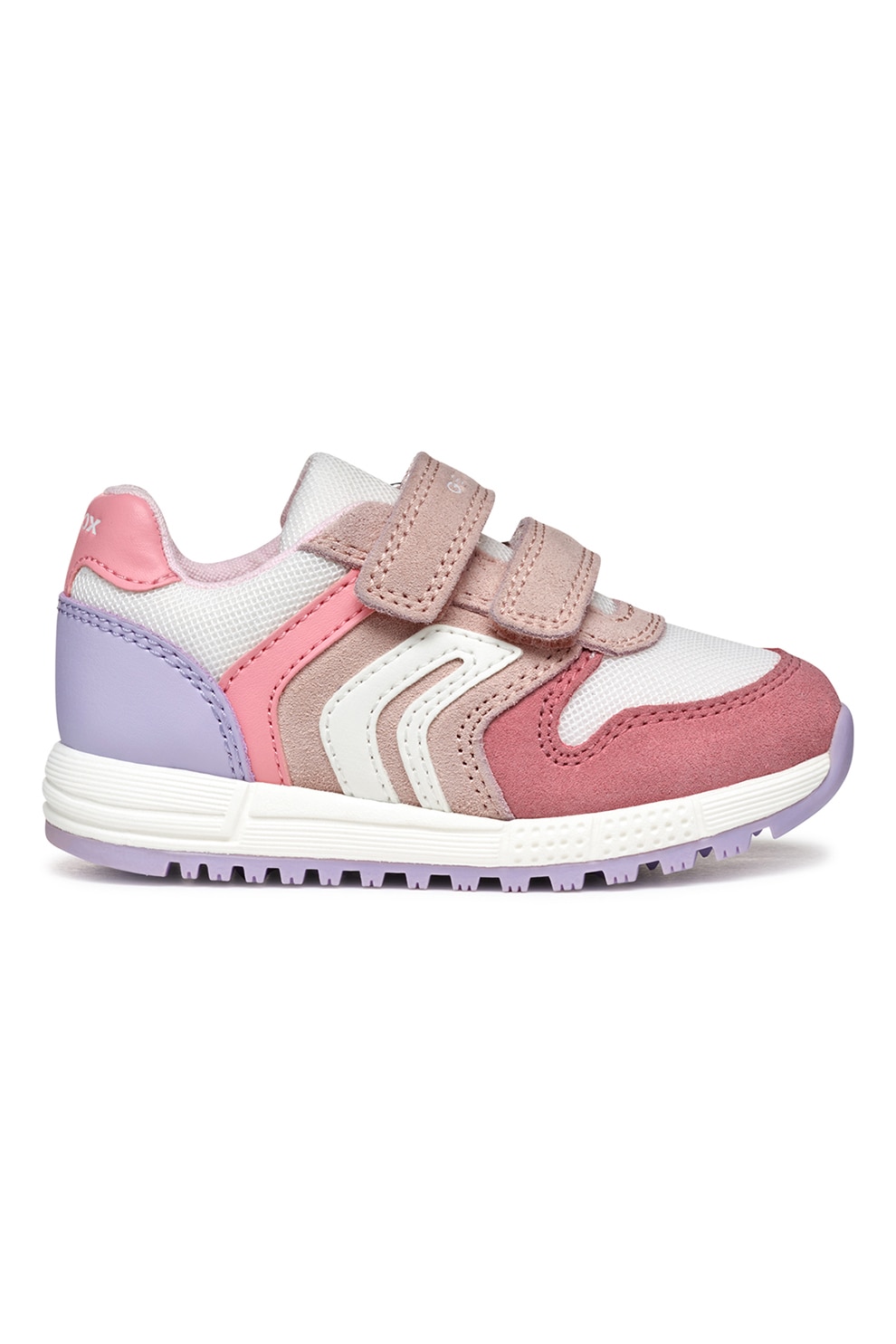 Geox, Pantofi sport cu velcro si detalii din piele intoarsa, Alb, Roz prafuit, 21 EU