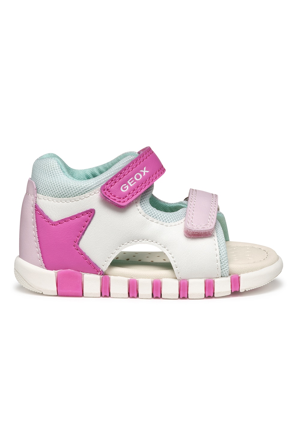 Geox, Sandale din piele ecologica cu velcro, Alb, Fucsia, 18 EU