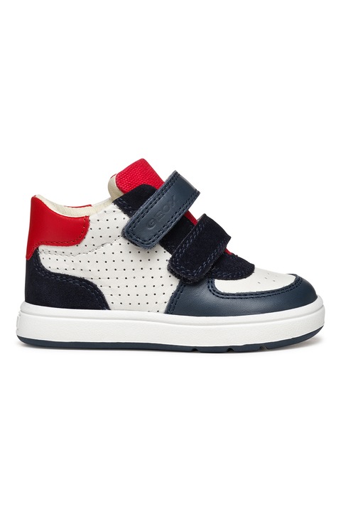 Geox, Pantofi sport mid-cut din piele cu velcro, Alb/Bleumarin