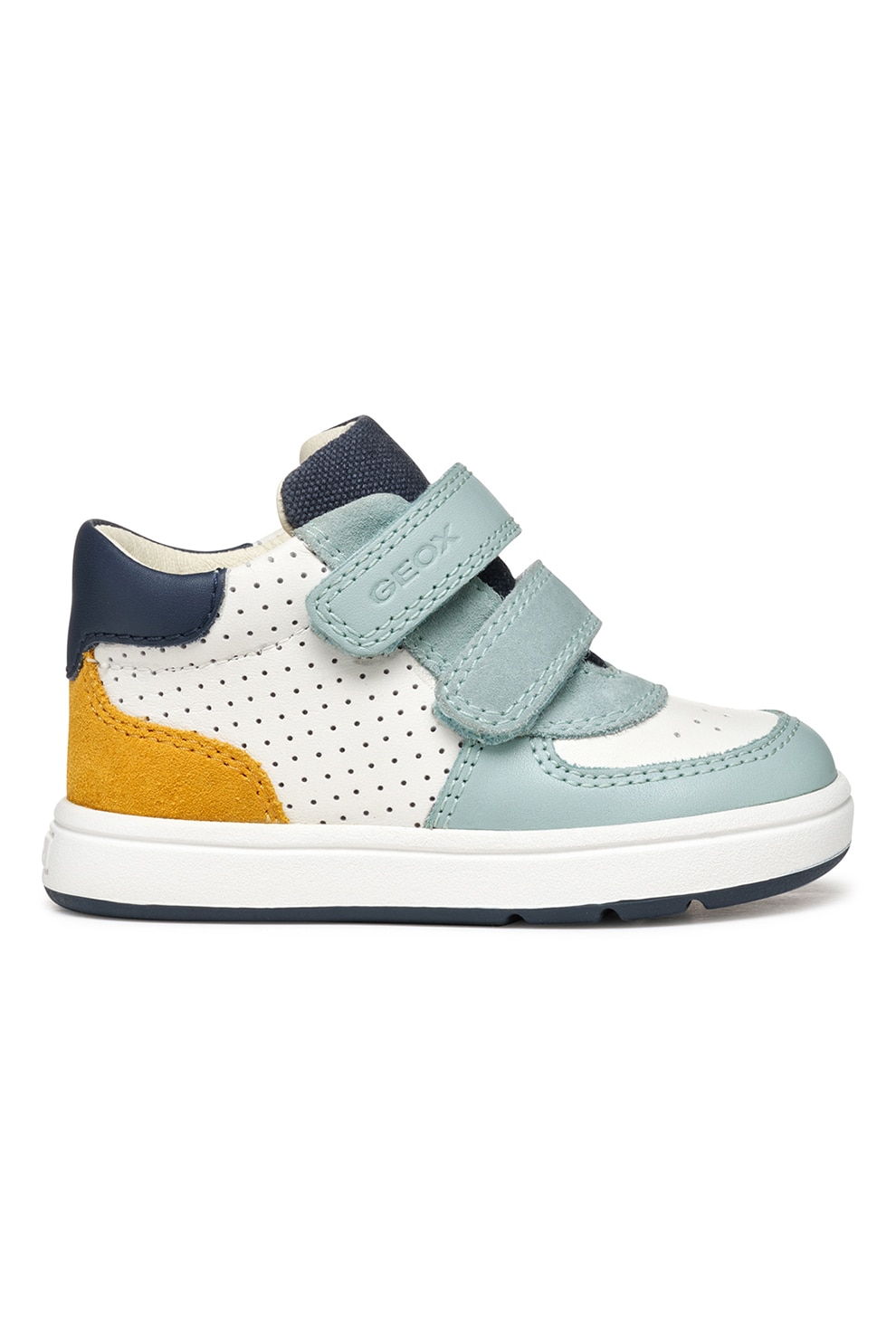 Geox, Pantofi sport mid-cut din piele cu velcro, Alb, Verde pal, 18 EU