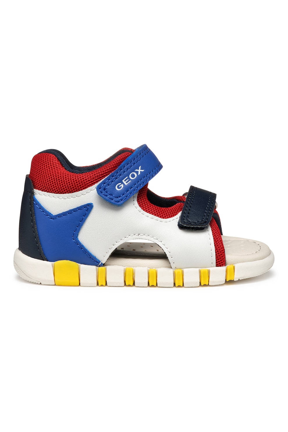 Geox, Sandale cu velcro si garnituri din piele ecologica, Alb, Albastru royal, 19 EU