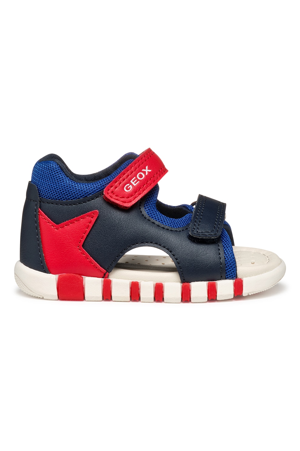 Geox, Sandale cu velcro si garnituri din piele ecologica, Rosu, Bleumarin, 19 EU