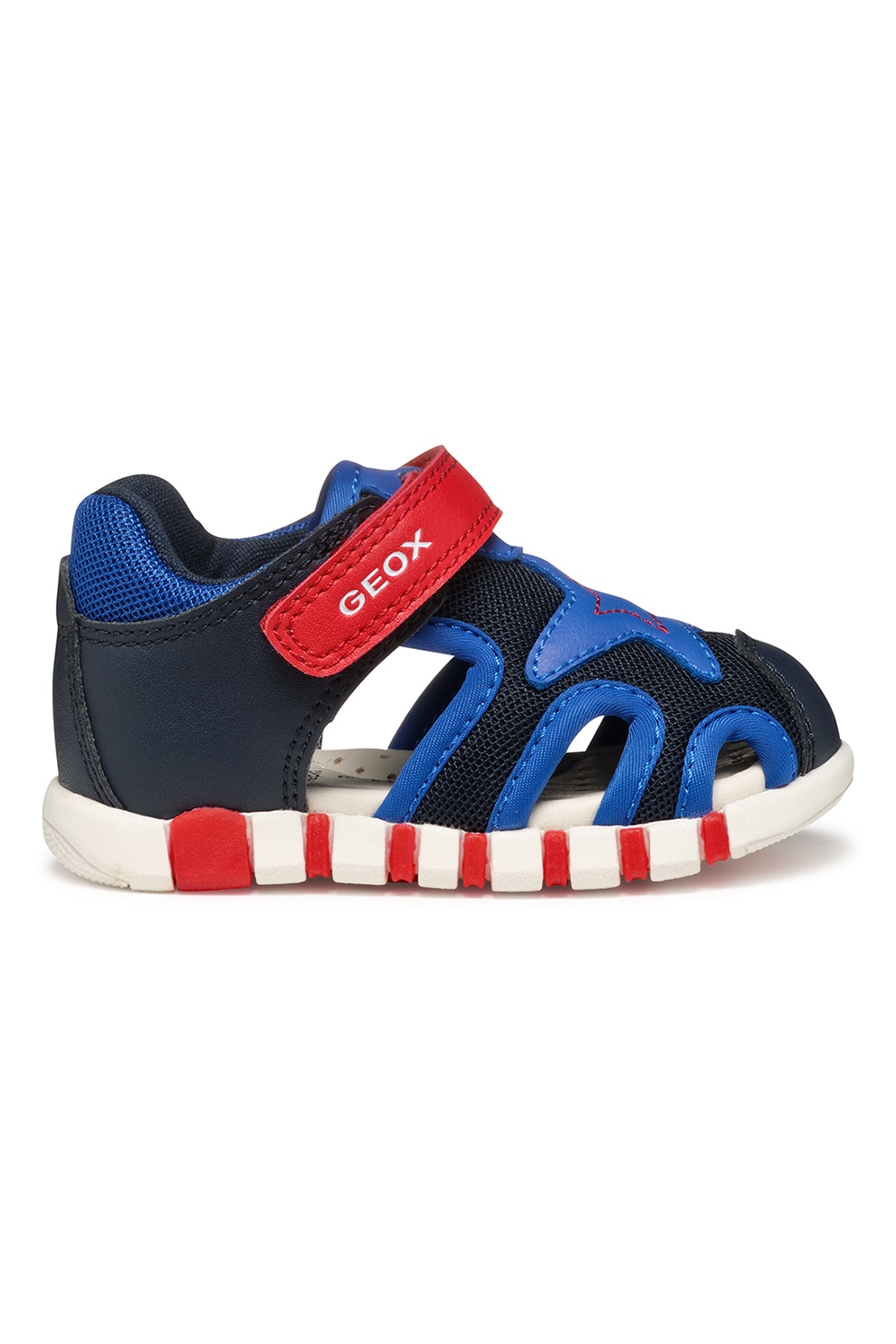 Geox, Sandale cu velcro si garnituri din piele ecologica, Rosu, Bleumarin, 18 EU
