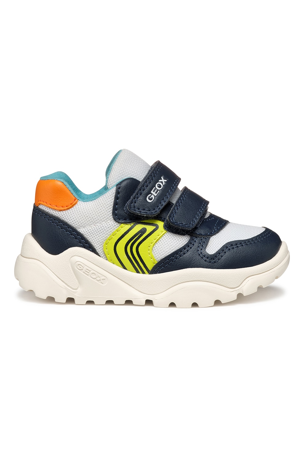 Geox, Pantofi sport cu velcro si garnituri din piele ecologica, Alb, Bleumarin, 20 EU