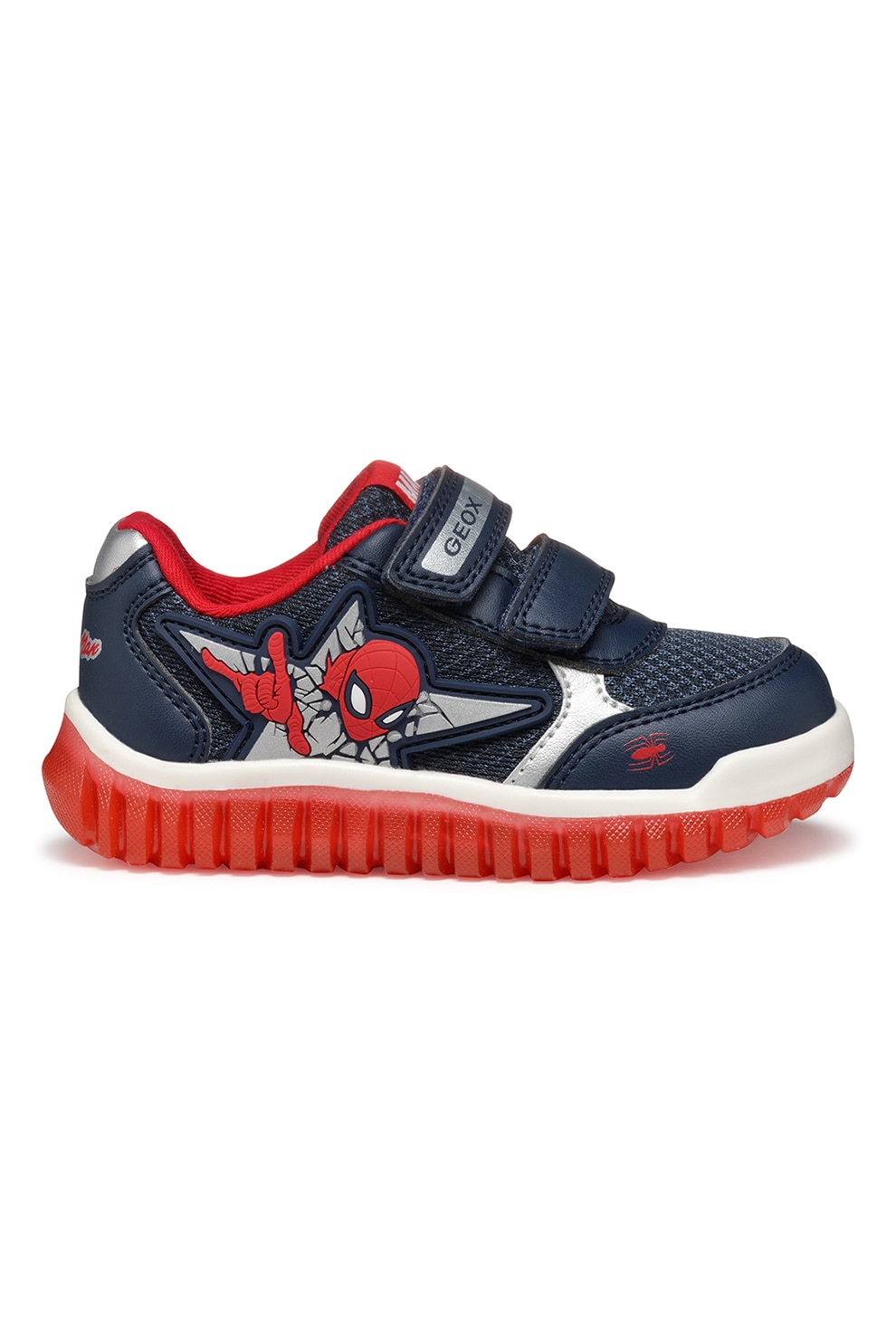 Geox, Pantofi sport cu velcro si Spider Man, Rosu, Bleumarin, 21 EU