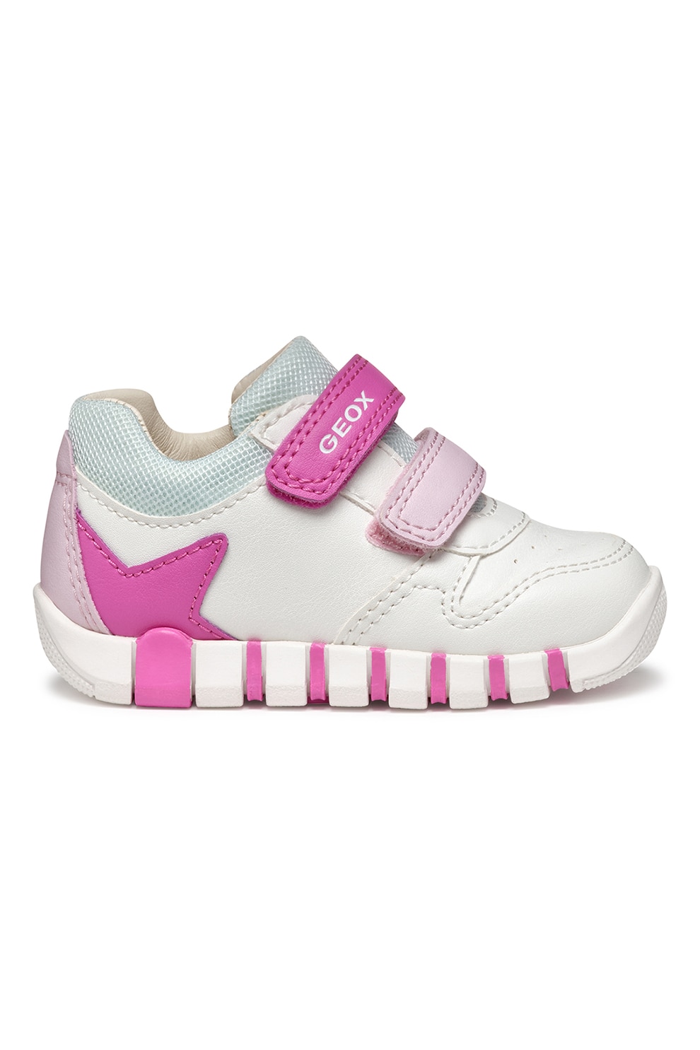 Geox, Pantofi sport din piele ecologica cu velcro, Alb, Fucsia, 18 EU