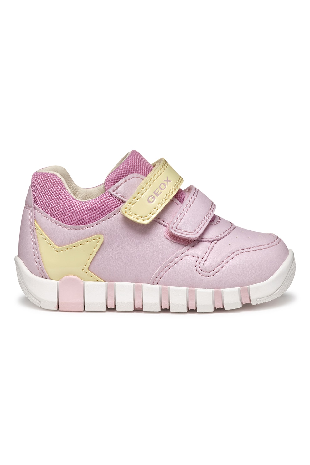 Geox, Pantofi sport din piele ecologica cu velcro, Galben, Roz deschis, 18 EU