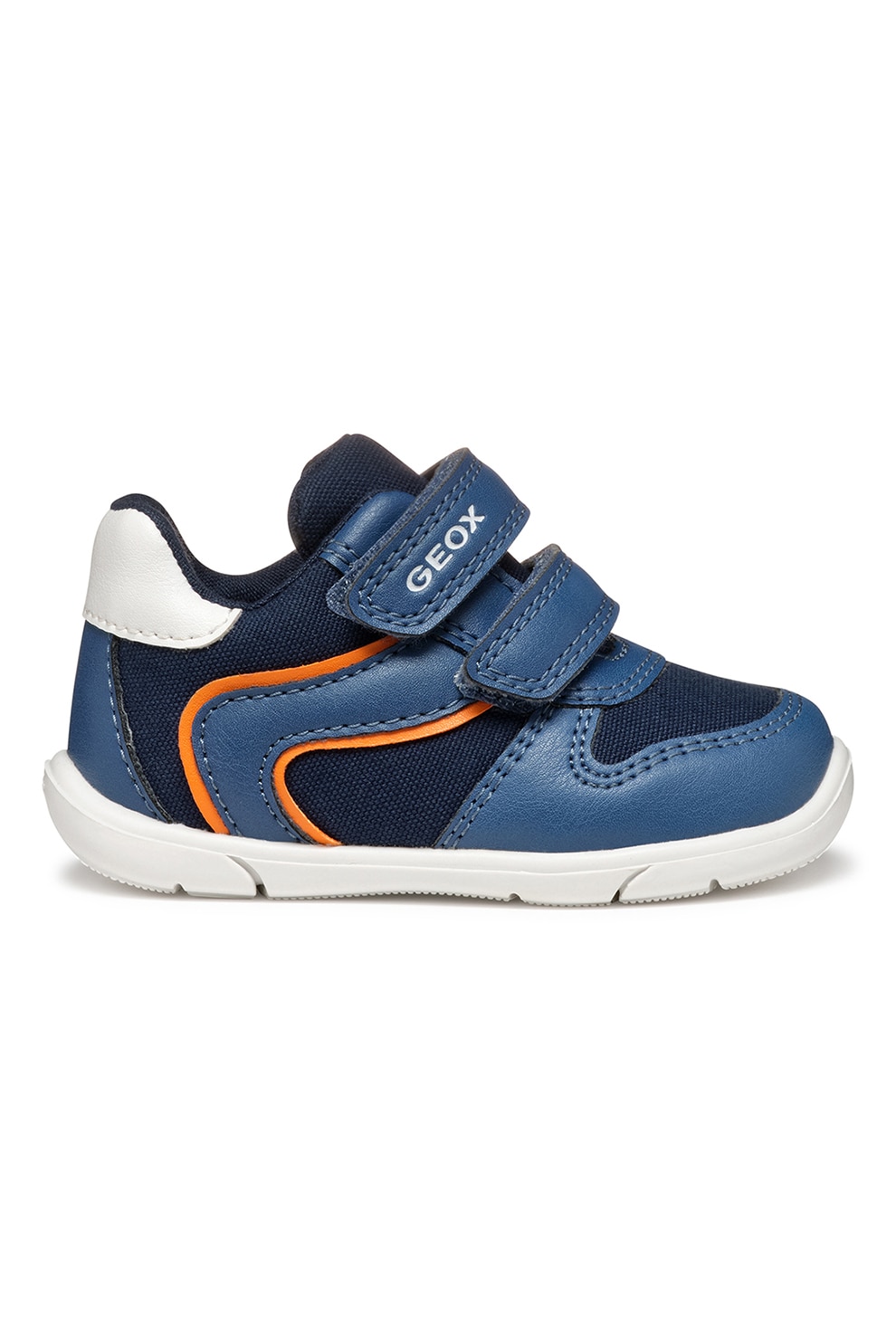 Geox, Pantofi sport de piele ecologica cu velcro, Portocaliu, Albastru inchis, 18 EU