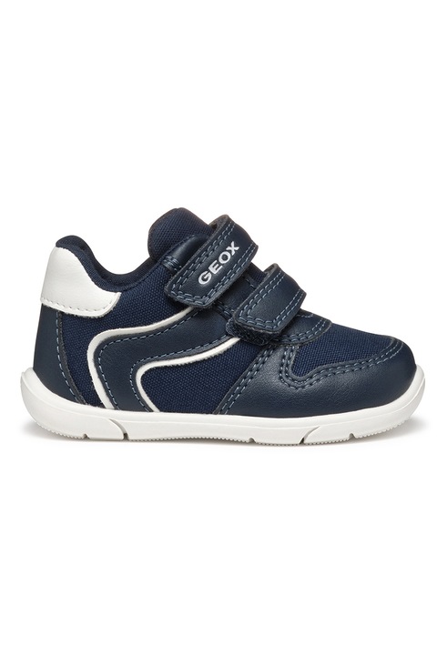 Geox, Pantofi sport de piele ecologica cu velcro, Alb/Bleumarin