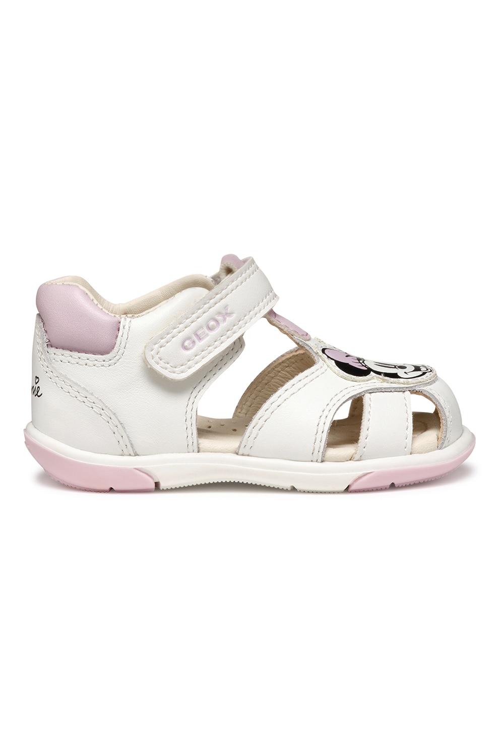 Geox, Sandale de piele ecologica si piele cu Minnie Mouse, Alb, Roz pal, 18 EU