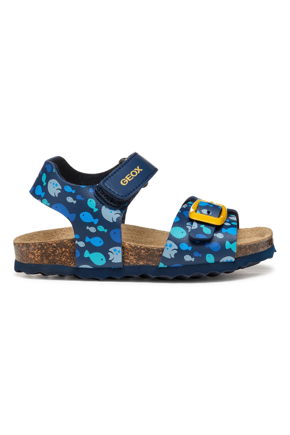 Geox, Sandale de piele ecologica cu velcro si model, Galben, Bleumarin, 20 EU