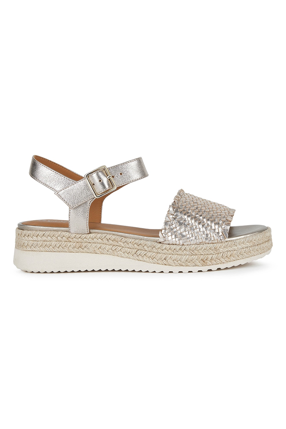 Geox, Sandale-espadrile wedge de piele si piele peliculizata, Crem, Argintiu, 40
