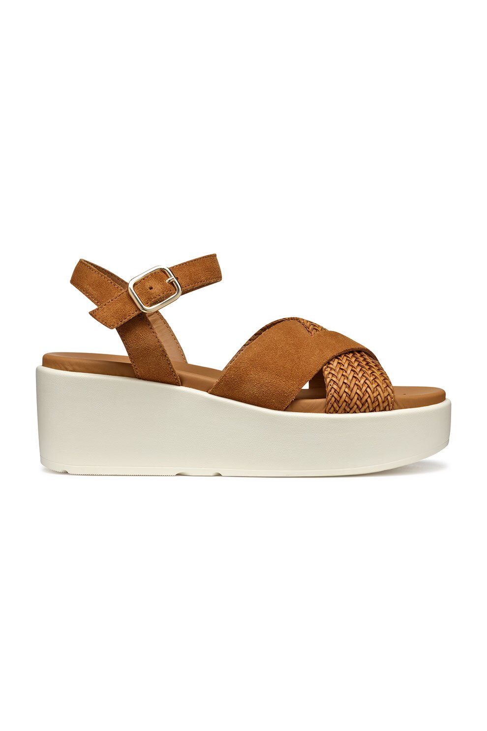 Geox, Sandale cu talpa wedge si insertii din piele intoarsa, Maro scortisoara, 39