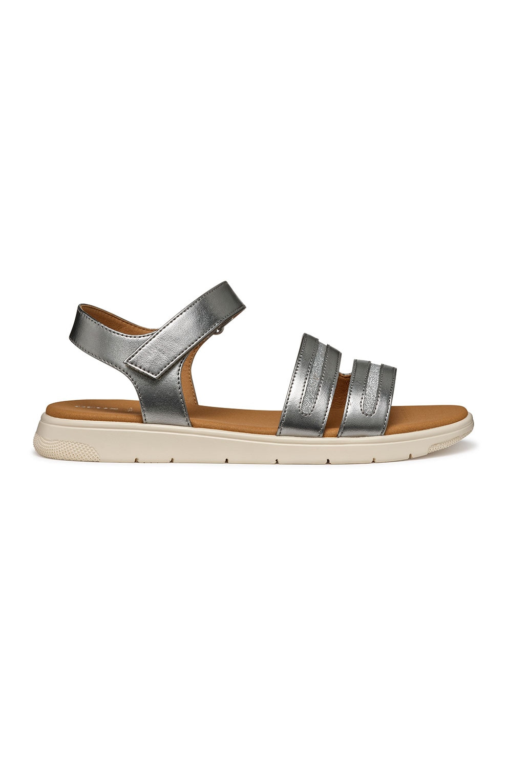 Geox, Sandale din piele ecologica cu inchidere velcro, Argintiu inchis, 39