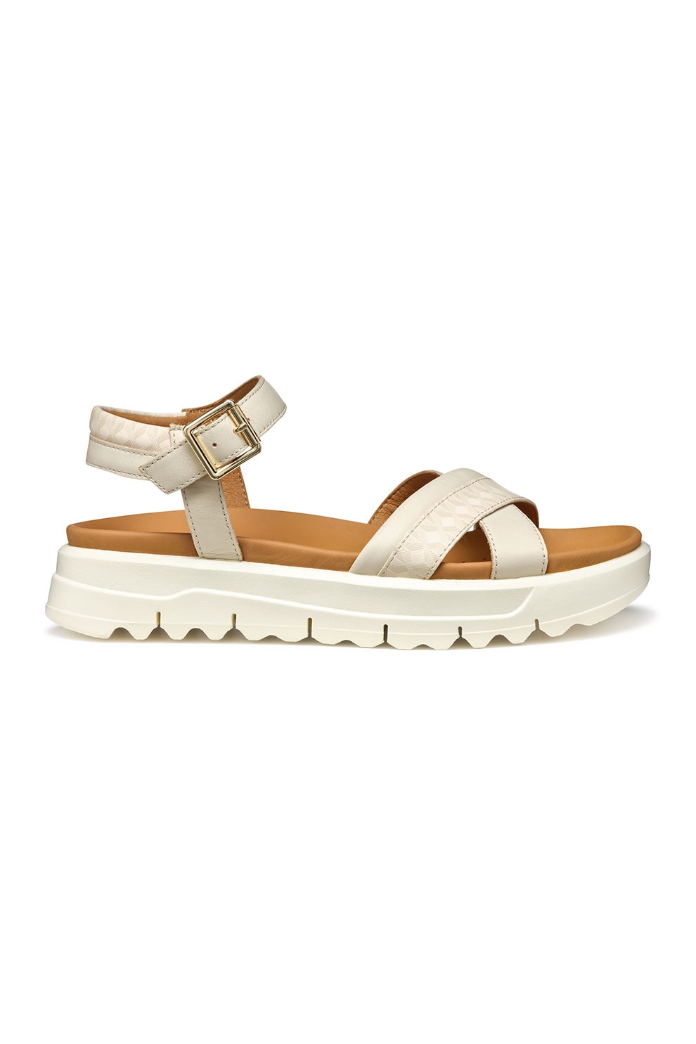 Geox, Sandale din piele cu platforma si catarama, Maro nisip, 38