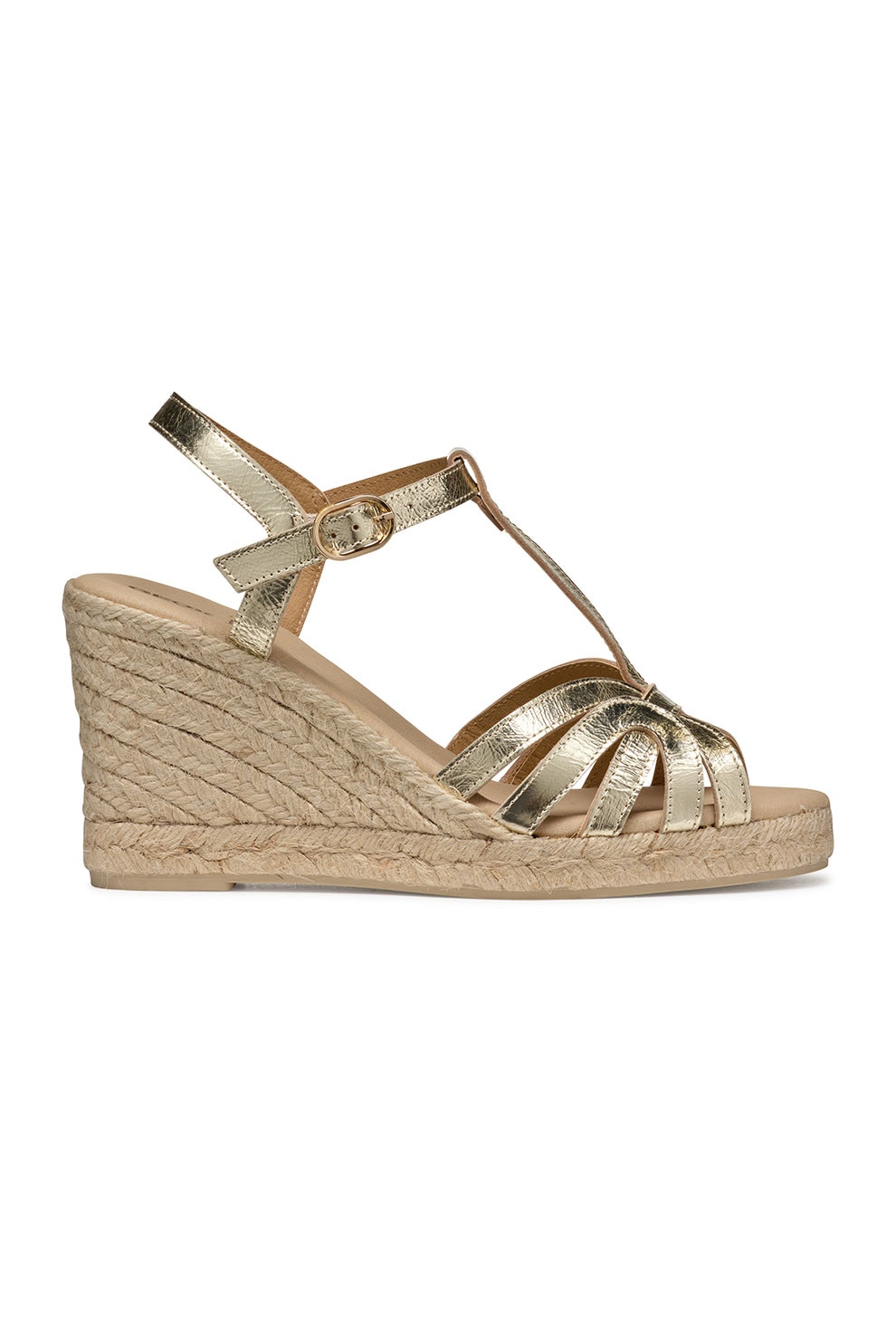 Geox, Sandale din piele cu talpa wedge si catarama, Auriu, 39