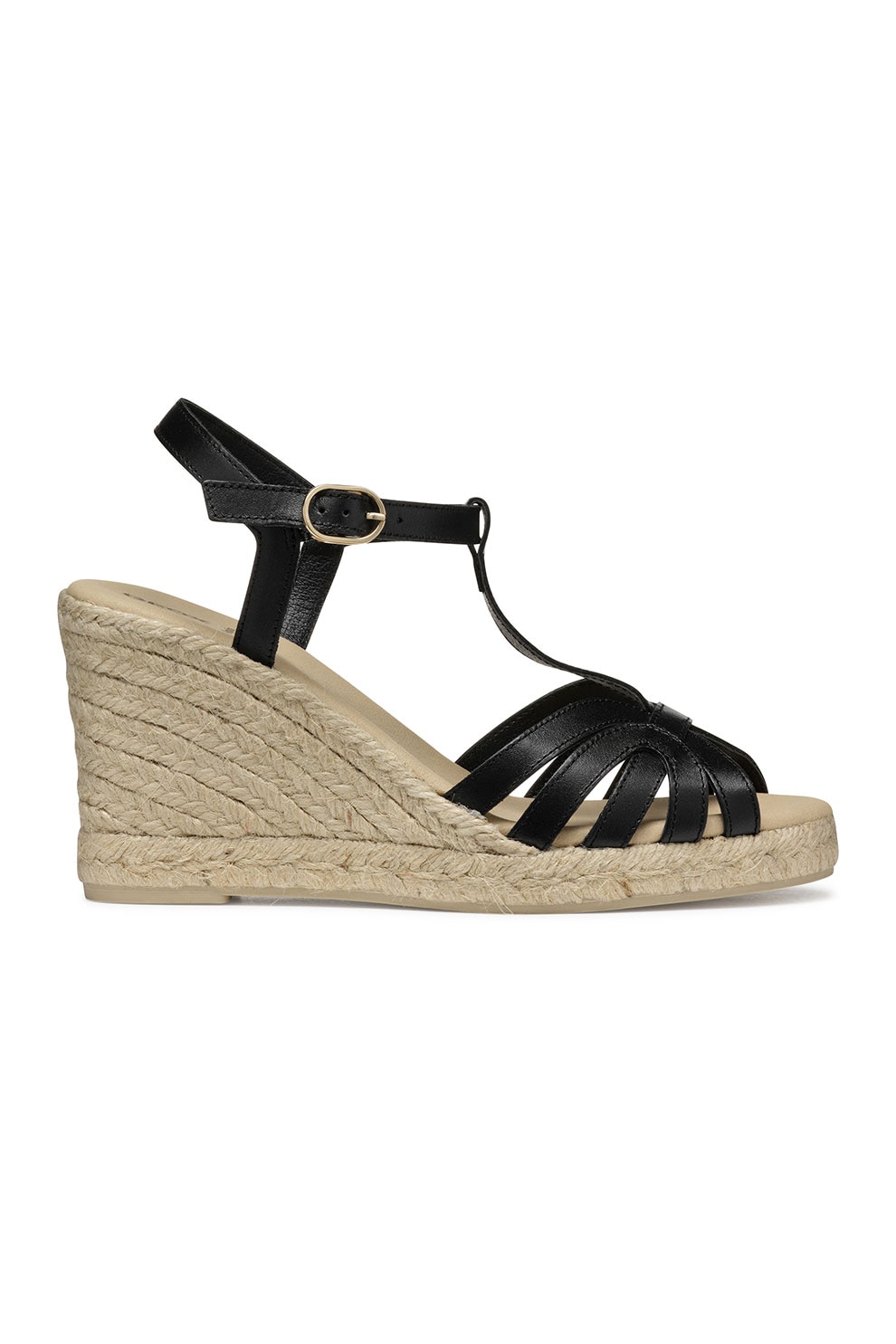 Geox, Sandale din piele cu talpa wedge si catarama, Negru, 38