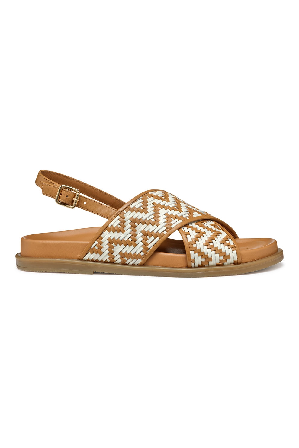 Geox, Sandale slingback din piele cu aspect tesut, Alb, Caramel, 37
