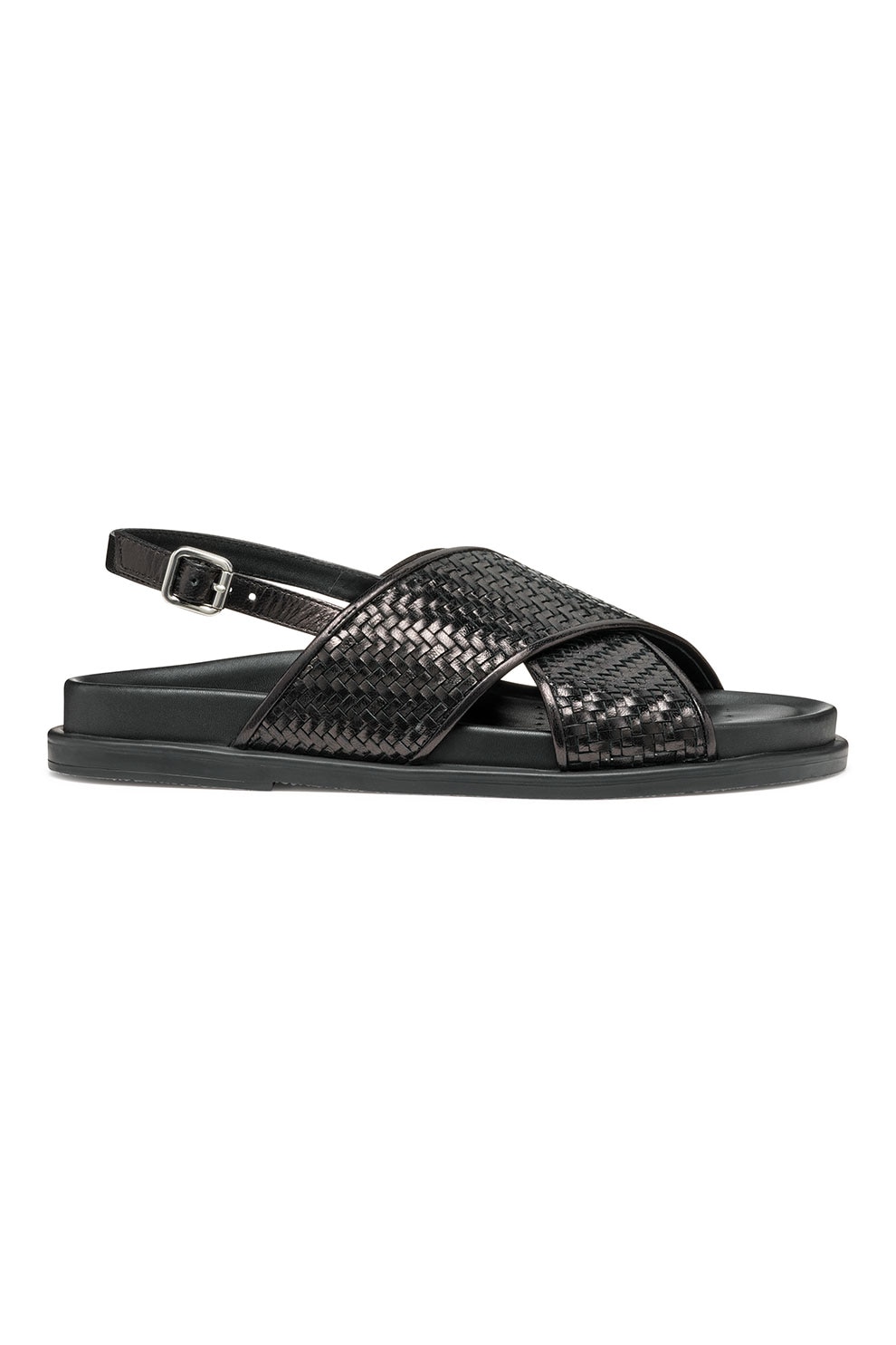 Geox, Sandale slingback din piele cu aspect tesut, Negru, 37