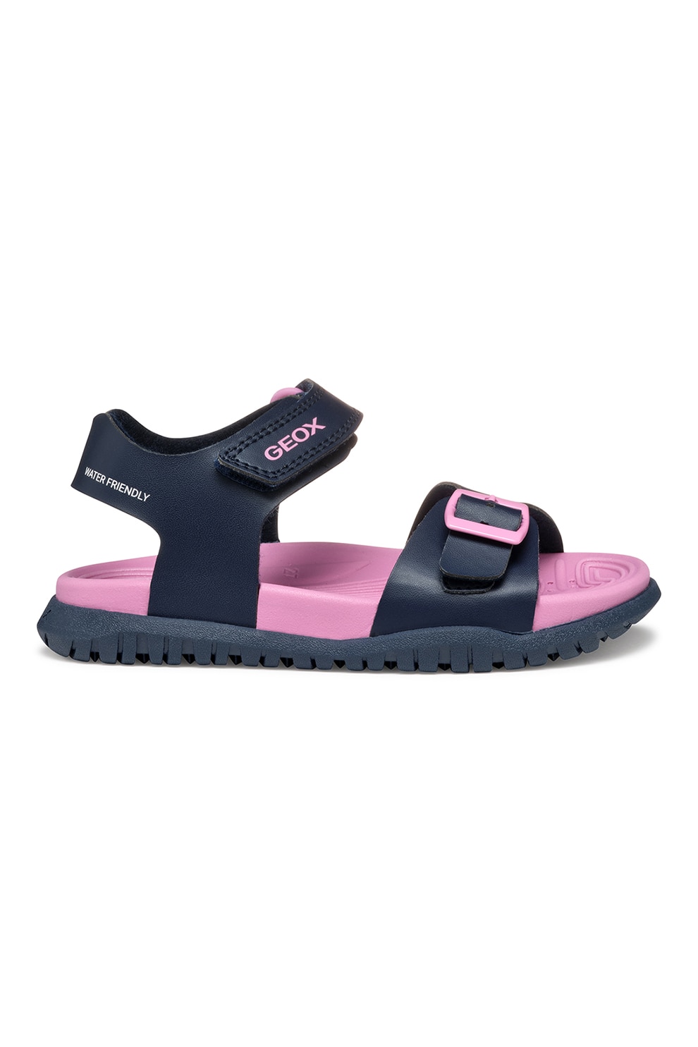Geox, Sandale de piele ecologica cu velcro, Albastru ultramarin, Roz, 24 EU