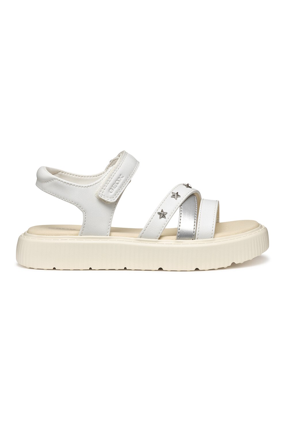 Geox, Sandale de piele ecologica cu velcro, Alb, Argintiu, 31 EU