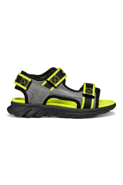 Geox, Sandale de piele ecologica si material textil cu velcro Airadyum, Gri/Verde lime