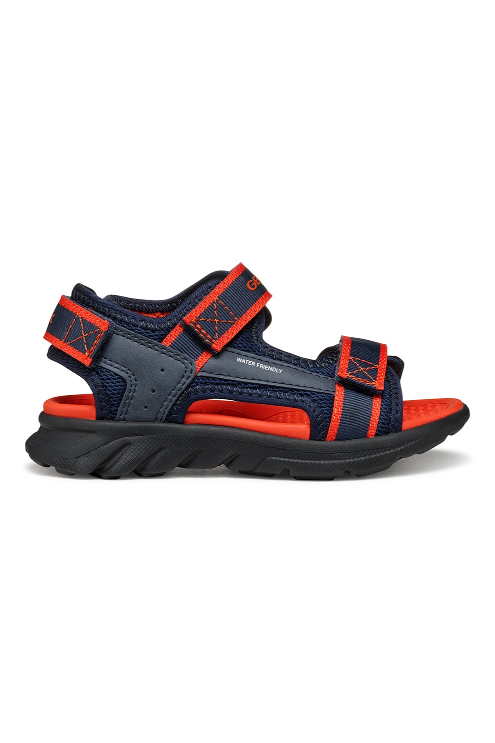Geox, Sandale de piele ecologica si material textil cu velcro Airadyum, Rosu, Bleumarin, 34 EU