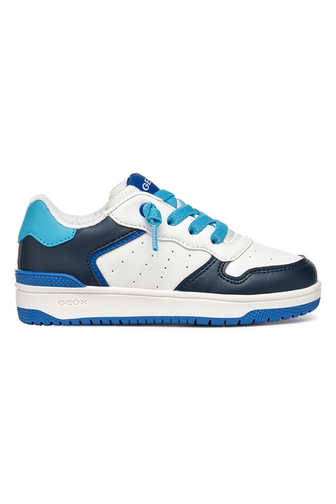 Geox, Pantofi sport low-cut din piele ecologica, Albastru pastel/Alb murdar/Bleumarin