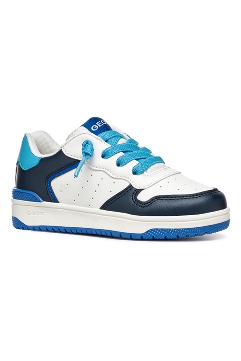 Geox, Pantofi sport low-cut din piele ecologica, Albastru pastel, Alb murdar, Bleumarin, 24 EU