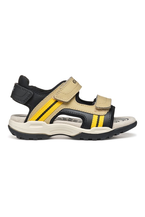 Geox, Sandale de piele ecologica cu banda velcro, Negru/Bej
