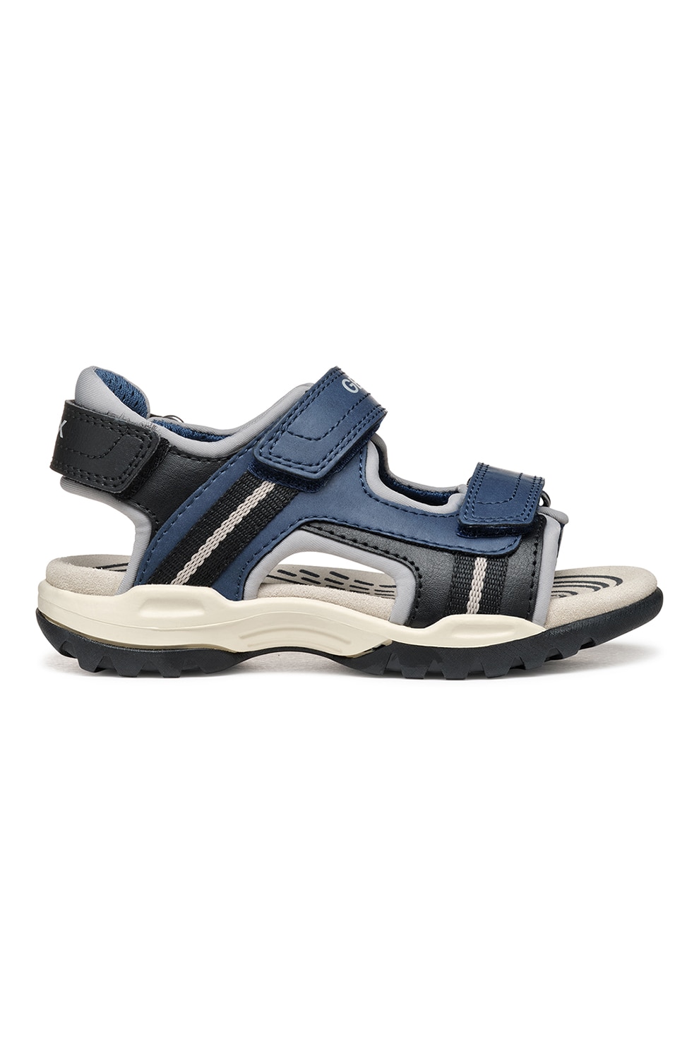 Geox, Sandale de piele ecologica cu banda velcro, Negru, Bleumarin, 28 EU