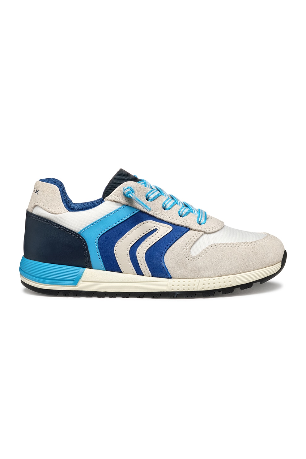 Geox, Pantofi sport cu sireturi si insertii de piele intoarsa, Alb fildes, Albastru, 33 EU