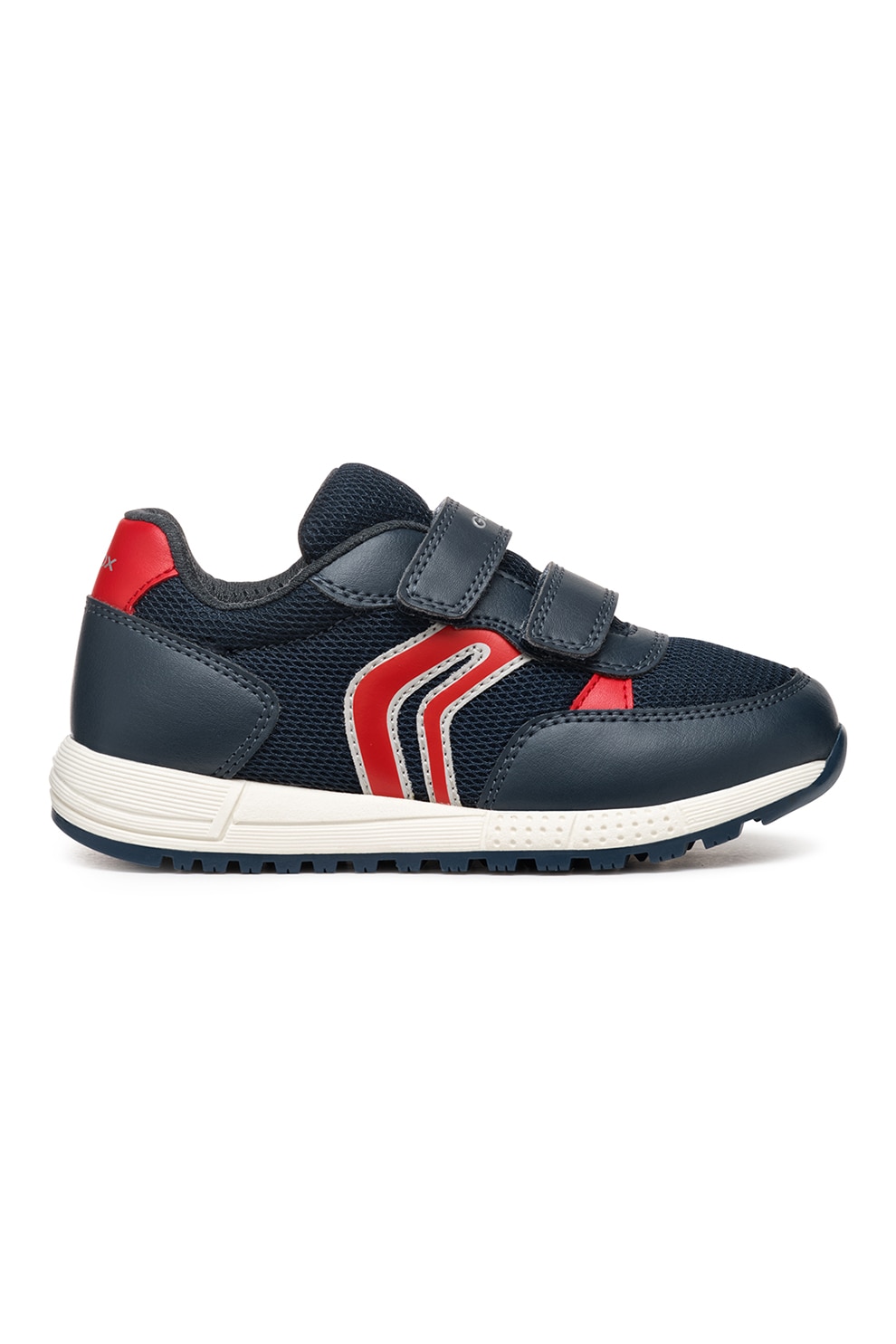 Geox, Pantofi sport din piele ecologica si material textil, Rosu, Albastru ultramarin, 34 EU