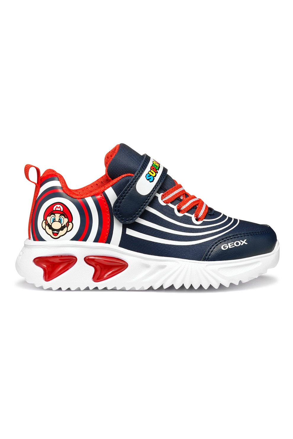 Geox, Pantofi sport cu velcro si imprimeu Super Mario, Portocaliu mandarina, Alb optic, Bleumarin, 24 EU