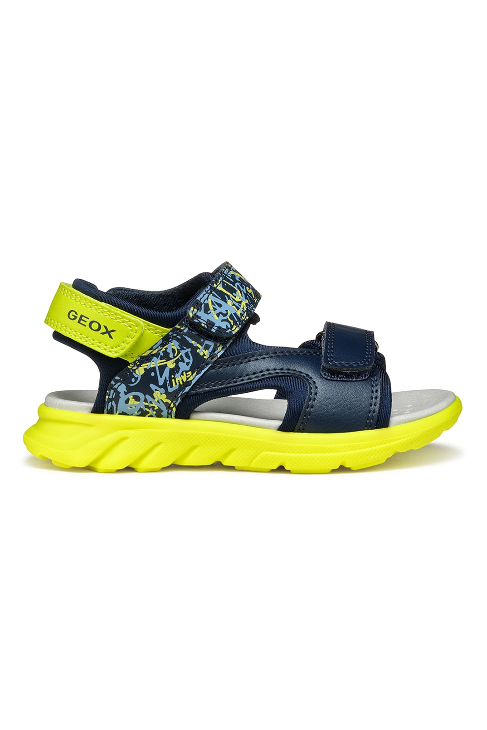 Geox, Sandale cu velcro de piele ecologica, Verde lime, Bleumarin, 35 EU