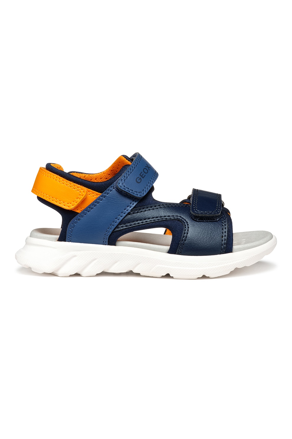 Geox, Sandale cu velcro de piele ecologica, Portocaliu, Bleumarin, 30 EU