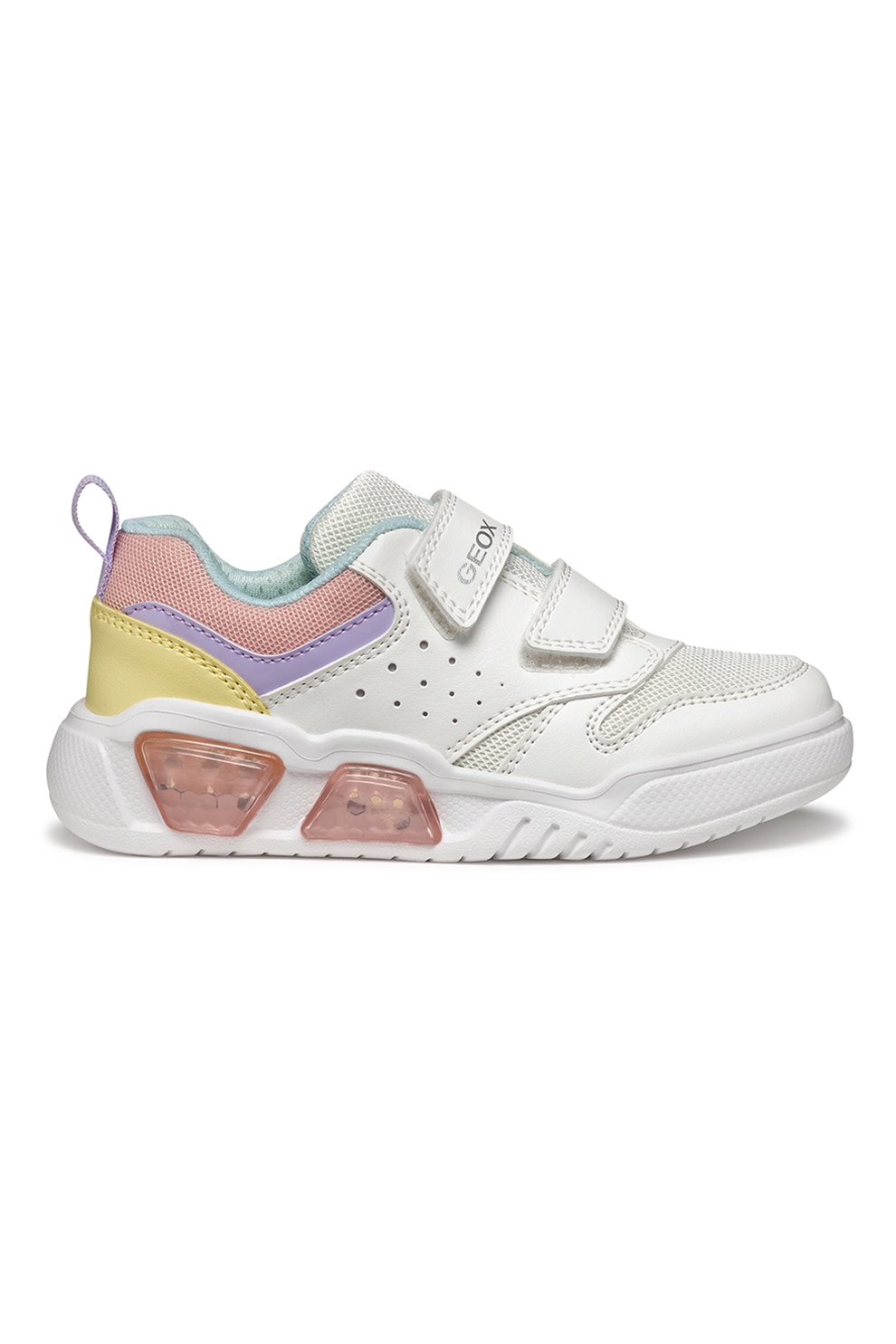 Geox, Pantofi sport de piele ecologica cu garnituri de plasa, Galben sofran, Roz prafuit, Crem, 32 EU