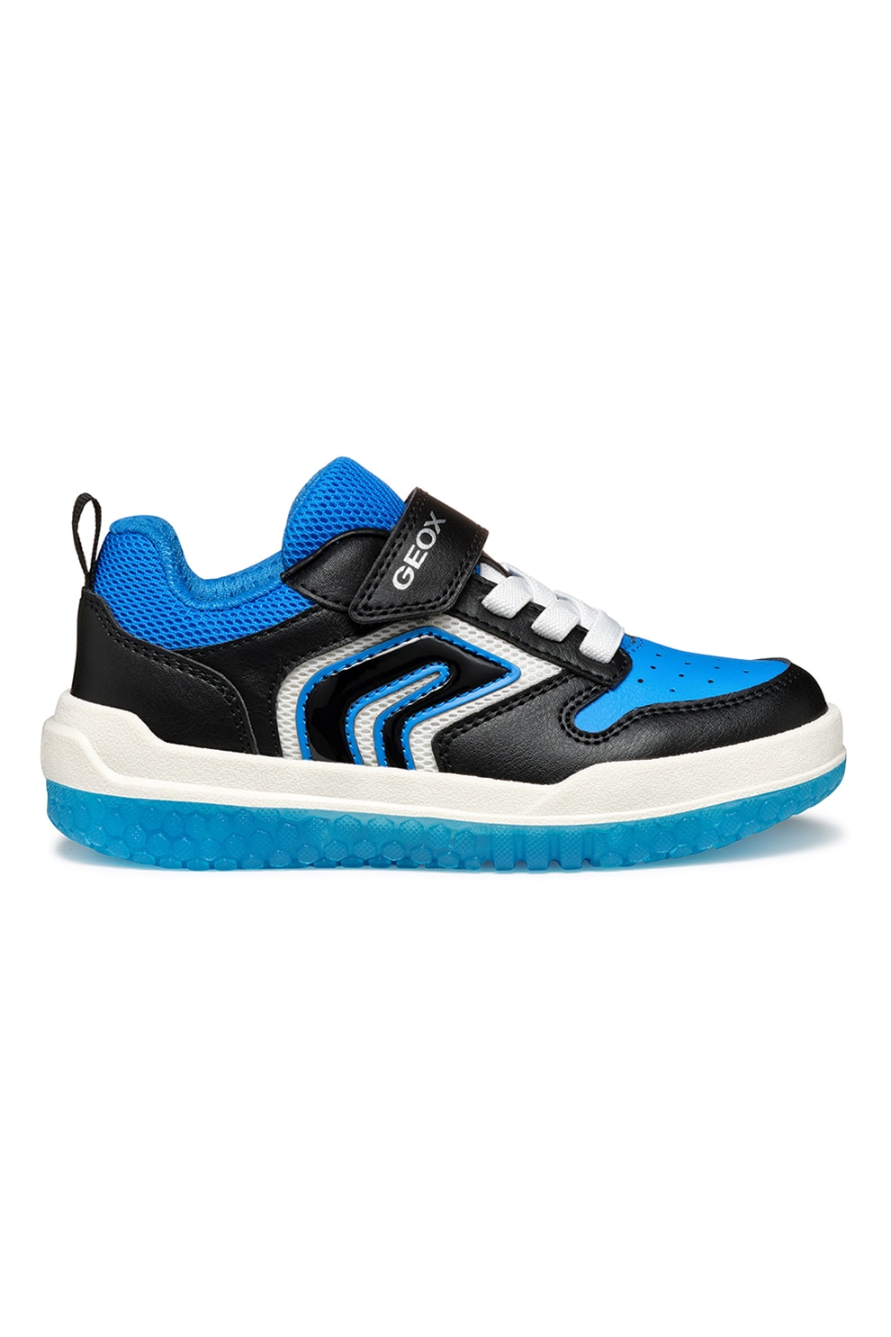 Geox, Pantofi sport cu plasa din material textil si velcro, Negru stins, Albastru royal, Alb murdar, 24 EU