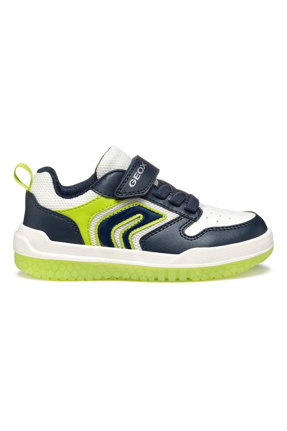 Geox, Pantofi sport cu plasa din material textil si velcro, Negru stins, Alb murdar, Verde fistic, 34 EU