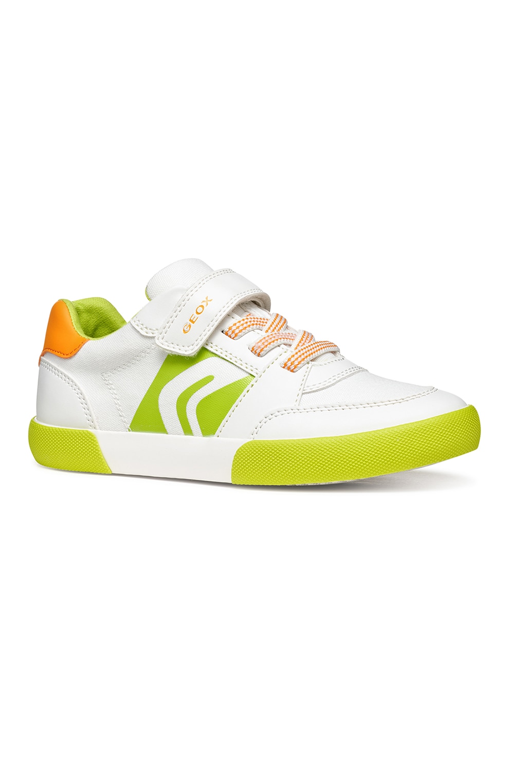 Geox, Pantofi sport cu velcro si logo, Alb, Verde lime, 36 EU