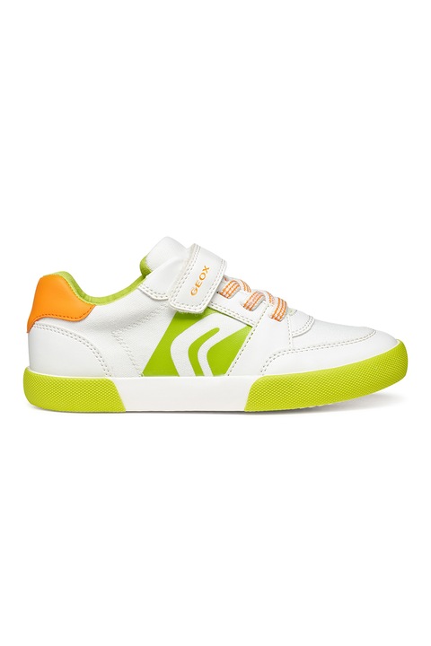 Geox, Pantofi sport cu velcro si logo, Alb/Verde lime