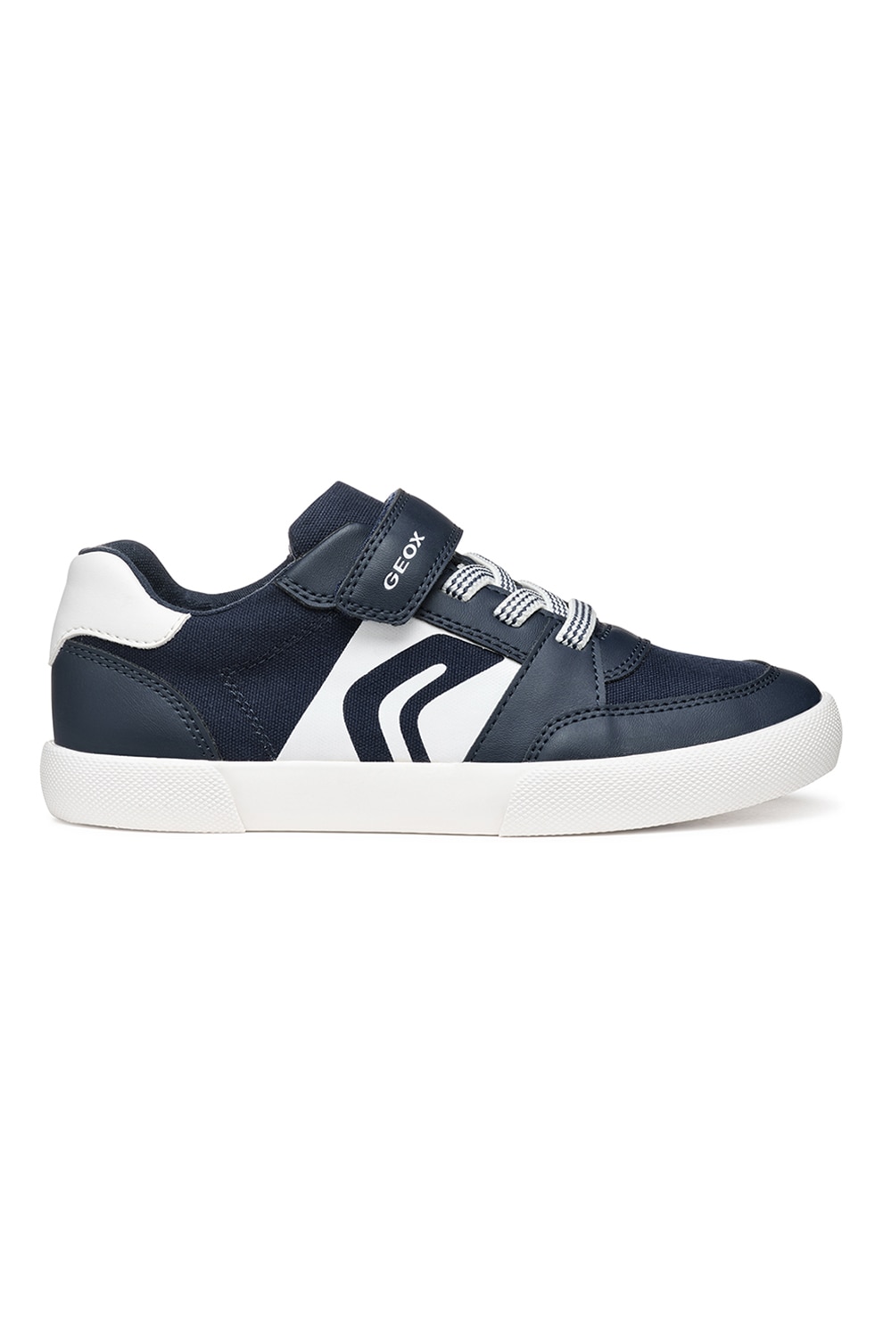 Geox, Pantofi sport cu velcro si logo, Albastru inchis, Negru stins, Alb murdar, 29 EU