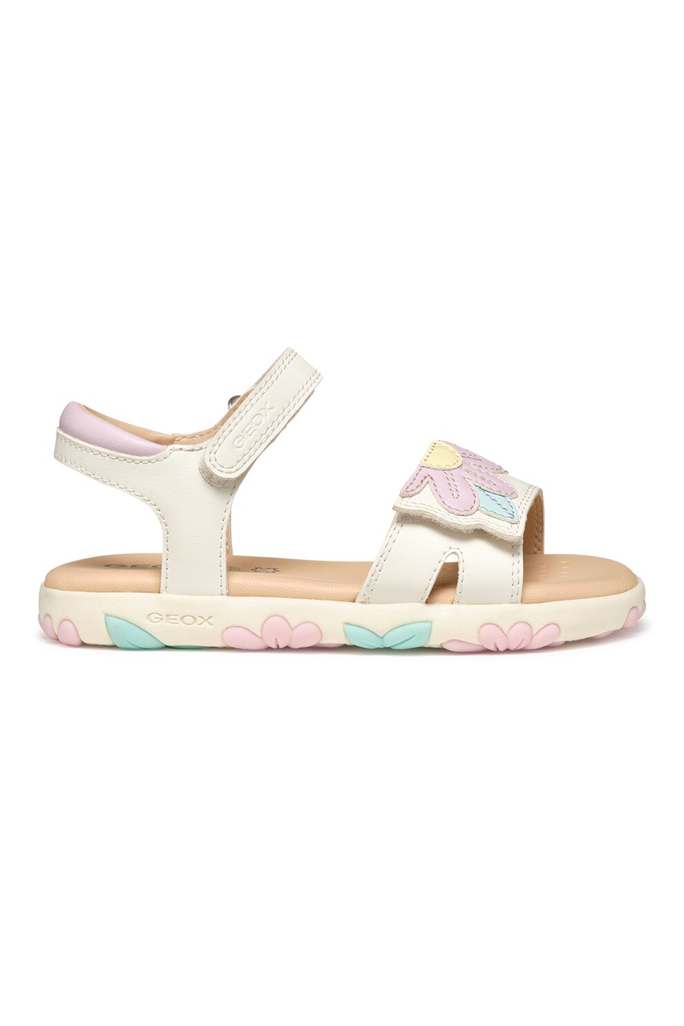 Geox, Sandale de piele ecologica cu imprimeu, Roz deschis, Alb murdar, 25 EU