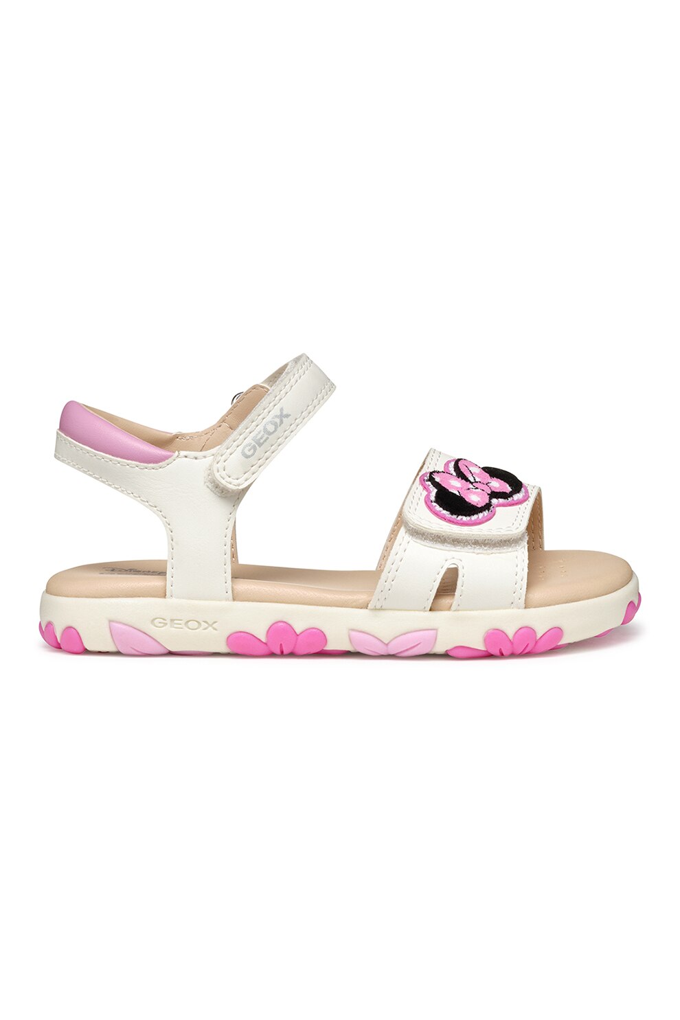 Geox, Sandale cu imprimeu si talpa plata, Negru, Alb murdar, Roz, 25 EU