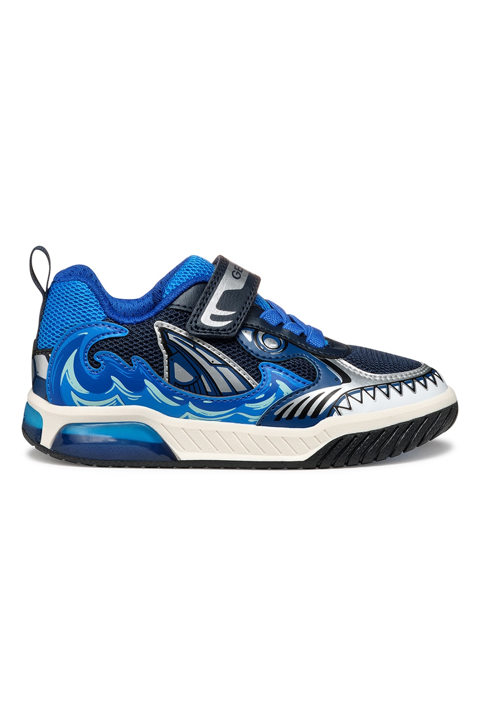 Geox, Pantofi sport din material textil cu velcro si garnituri sintetice, Albastru royal, Alb murdar, Argintiu, 34 EU