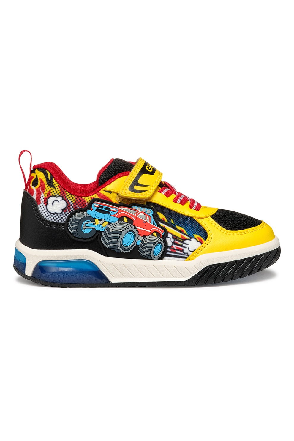 Geox, Pantofi sport din material textil cu velcro si garnituri sintetice, Corai, Galben pal, Negru stins, 32 EU