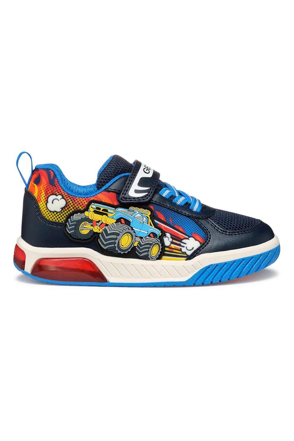 Geox, Pantofi sport din material textil cu velcro si garnituri sintetice, Albastru inchis, Galben pal, Alb murdar, 35 EU