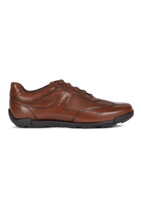 Geox, Pantofi sport de piele cu insertii de piele ecologica, Maro cognac, 40